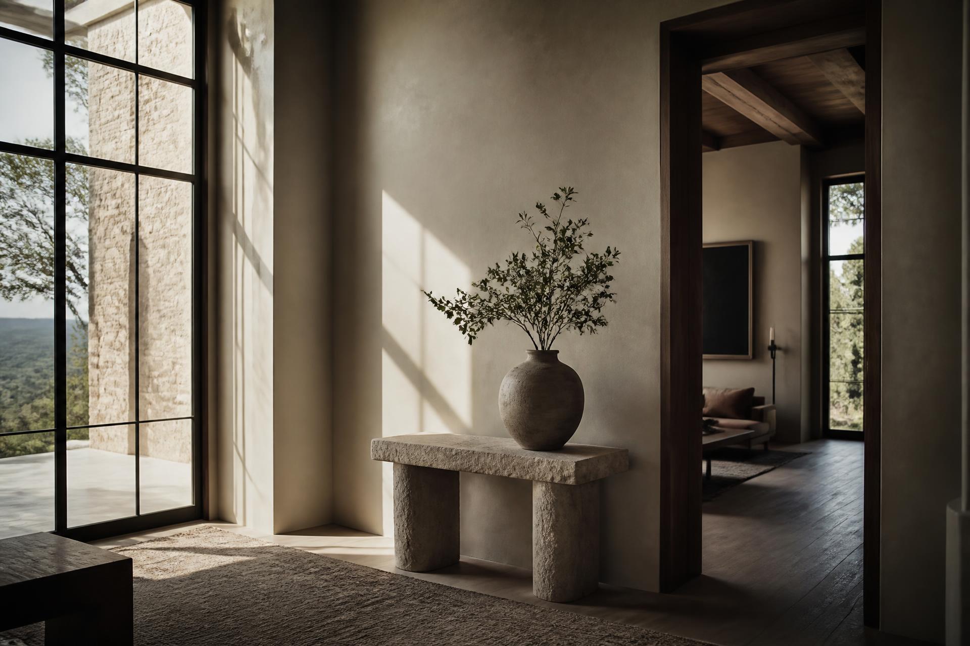 Sunlit entryway of a Texas Hill Country residence with limestone console and quiet greenery